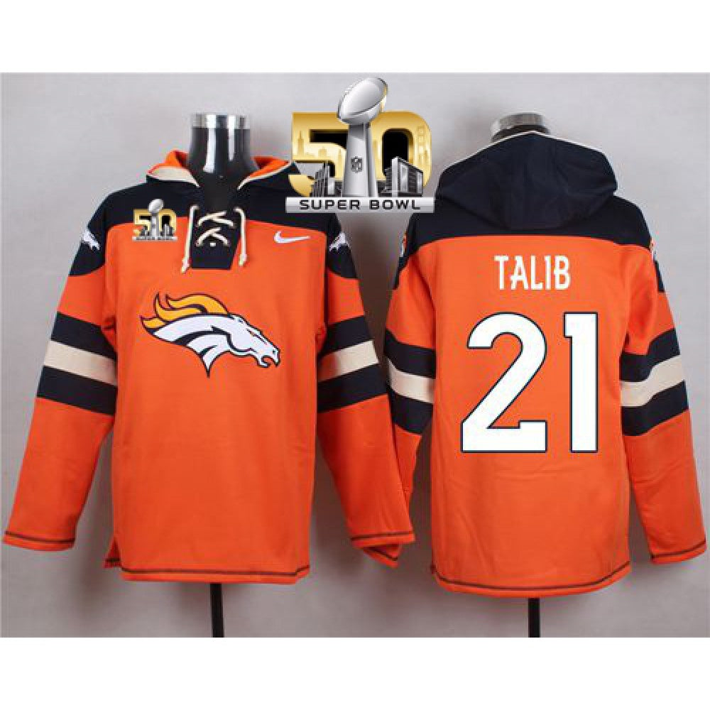 Broncos #21 Aqib Talib Orange Super Bowl 50 Player Pullover NFL Hoodie