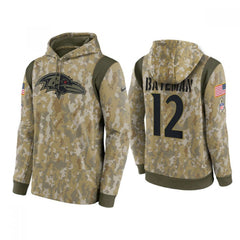 Men's Baltimore Ravens #12 Rashod Bateman Camo 2021 Salute To Service Therma Performance Pullover Hoodie