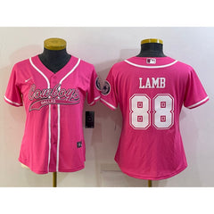 Women's Dallas Cowboys #88 CeeDee Lamb Pink With Patch Cool Base Stitched Baseball Jersey(Run Small)