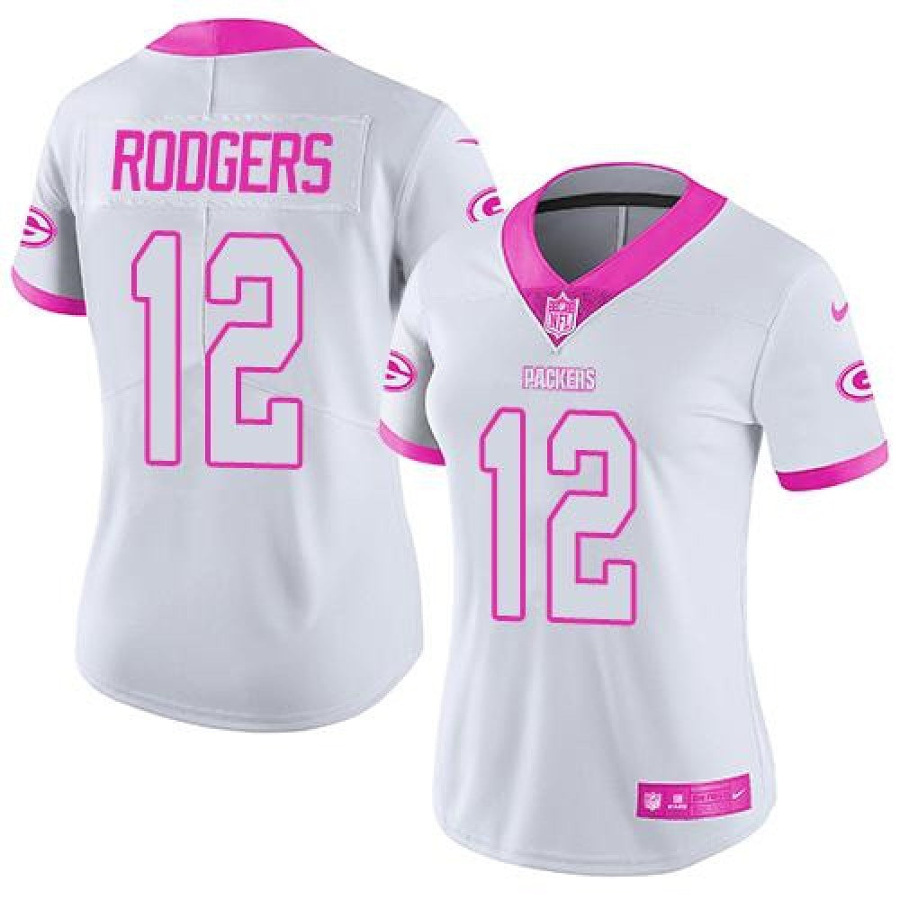 Packers #12 Aaron Rodgers White/Pink Women's Stitched NFL Limited Rush Fashion Jersey