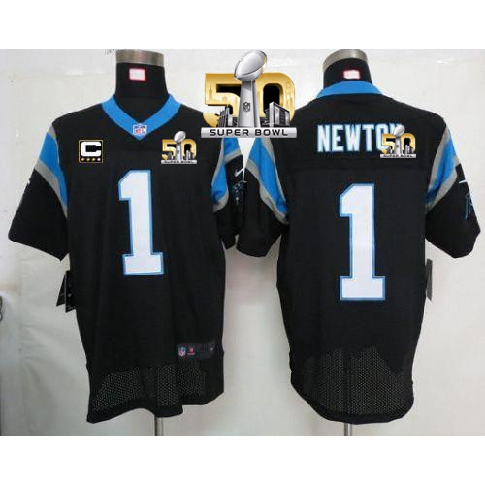 Panthers #1 Cam Newton Black Team Color With C Patch Super Bowl 50 Men's Stitched NFL Elite Jersey