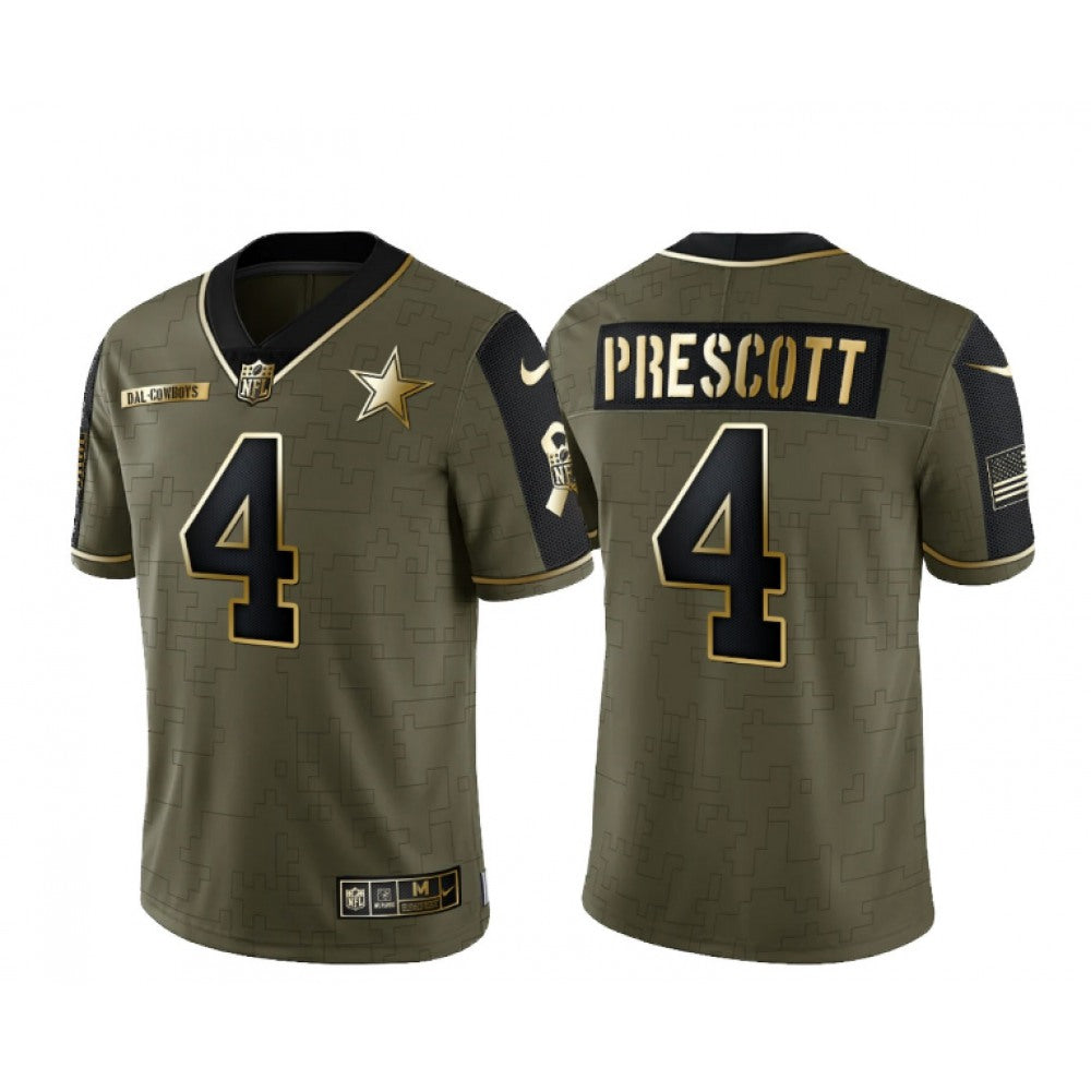 Men's Dallas Cowboys #4 Dak Prescott 2021 Olive Salute To Service Golden Limited Stitched Jersey