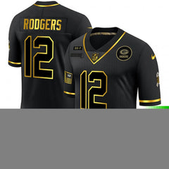 Men's Green Bay Packers #12 Aaron Rodgers 2020 Black/Gold Salute To Service Limited Stitched Jersey