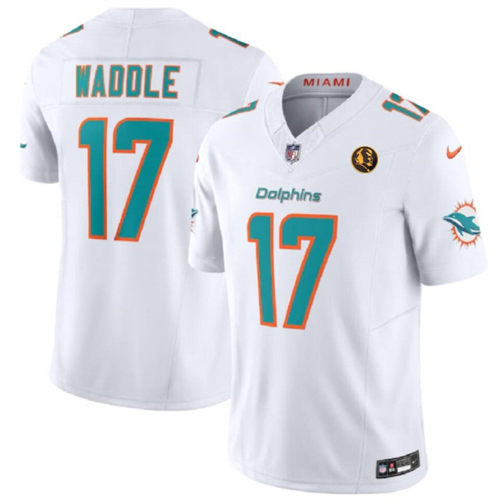 Men's Miami Dolphins #17 Jaylen Waddle White 2023 F.U.S.E. With John Madden Patch Vapor Limited Stitched Football Jersey