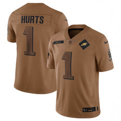 Men's Philadelphia Eagles #1 Jalen Hurts 2023 Brown Salute To Service Limited Stitched Football Jersey