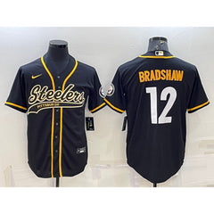 Men's Pittsburgh Steelers #12 Terry Bradshaw Black With Patch Cool Base Stitched Baseball Jersey