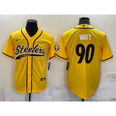 Men's Pittsburgh Steelers #90 T.J. Watt Yellow With Patch Cool Base Stitched Baseball Jersey