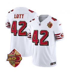 Men's San Francisco 49ers #42 Ronnie Lott White 2023 F.U.S.E. 50th Patch Throwback Stitched Football Jersey