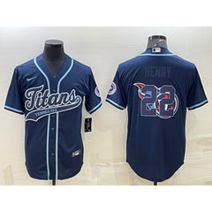 Men's Tennessee Titans #22 Derrick Henry Navy Team Big Logo With Patch Cool Base Stitched Baseball Jersey