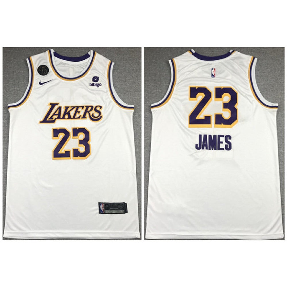 Men's Los Angeles Lakers #23 LeBron James "bibigo" White With KB Patch Stitched Jersey