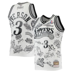 Men's Philadelphia 76ers #3 Allen Iverson Mitchell & Ness White 1997-98 Hardwood Classics Tattoo Swingman Stitched Basketball Jersey