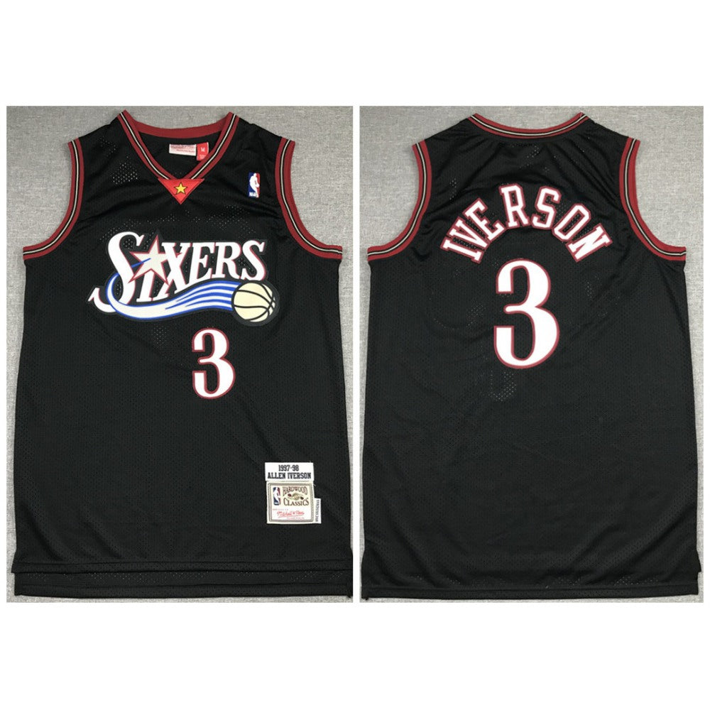 Men's Philadelphia 76ers #3 Allen Iverson 1997-98 Black Throwback Stitched Jersey