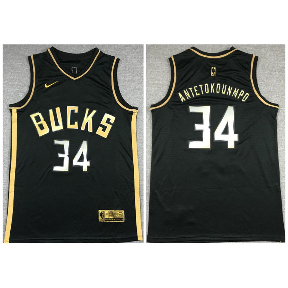 Men's Milwaukee Bucks #34 Giannis Antetokounmpo Black Gold Stitched Swingman Jersey