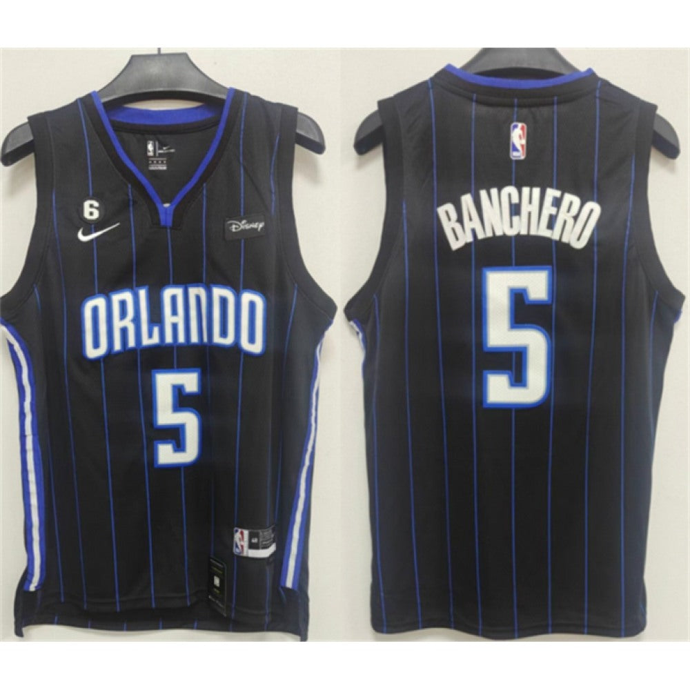 Men's Orlando Magic #5 Paolo Banchero Black With No.6 Patch Icon Edition Stitched Swingman Jersey
