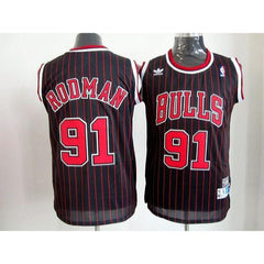 Bulls #91 Dennis Rodman Black With Red Strip Throwback Stitched NBA Jersey