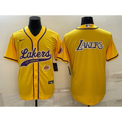 Men's Los Angeles Lakers Yellow Big Logo With Patch Cool Base Stitched Baseball Jersey