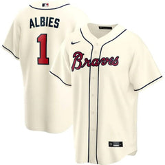 Men's Atlanta Braves #1 Ozzie Albies Cream Cool Base Stitched Jersey
