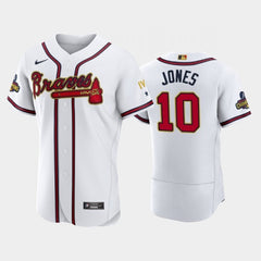 Men's Atlanta Braves #10 Chipper Jones 2022 White/Gold World Series Champions Program Flex Base Stitched Baseball Jersey
