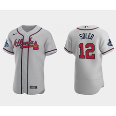 Men's Atlanta Braves #12 Jorge Soler 2021 Grey World Series Champions Flex Base Stitched Jersey