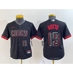 Youth Cincinnati Reds #19 Joey Votto Black 2023 City Connect With Patch Stitched Baseball Jersey