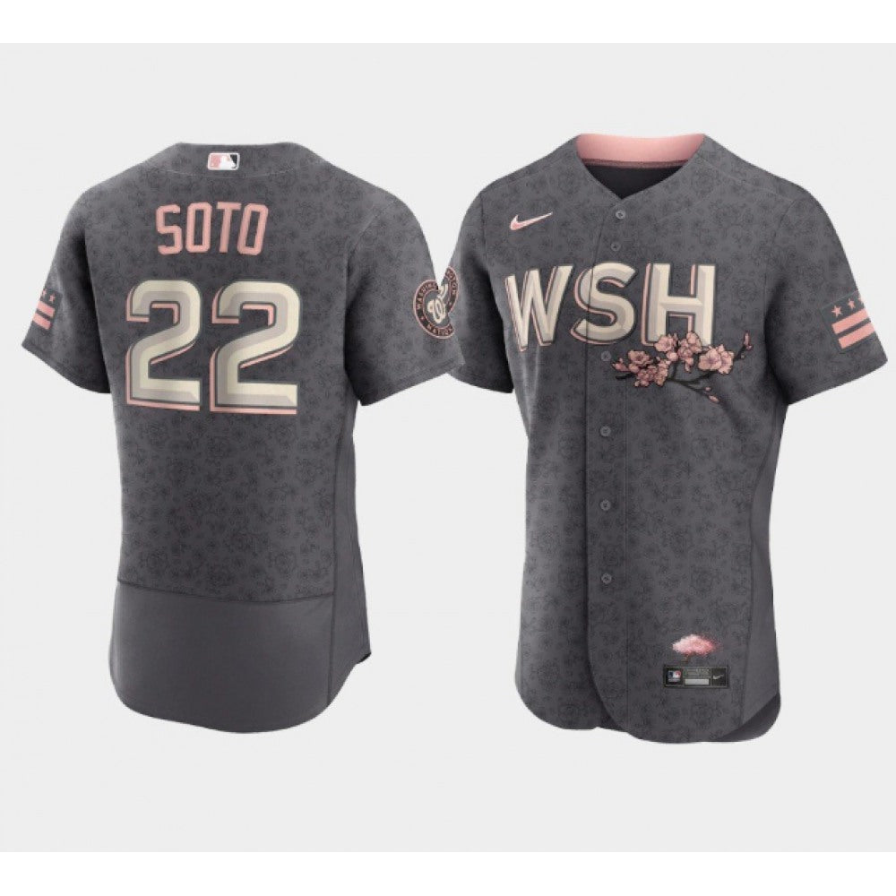 Men's Washington Nationals #22 Juan Soto 2022 Grey City Connect Cherry Blossom Flex Base Stitched MLB Jersey