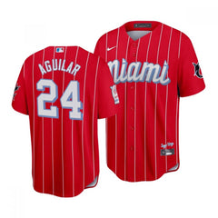 Men's Miami Marlins #24 Jesus Aguilar 2021 Red City Connect Cool Base Stitched Jersey