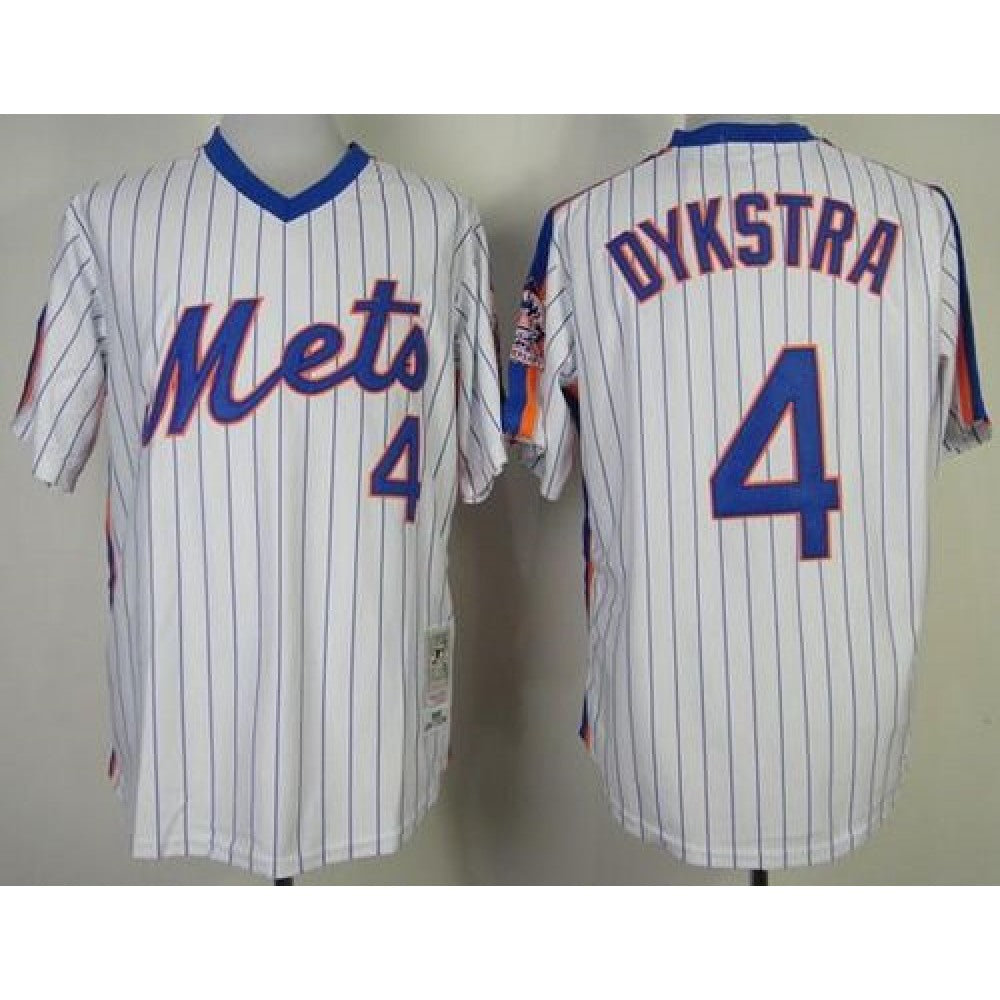 Mitchell and Ness Mets #4 Len Dykstra White Blue Strip Stitched MLB Jersey