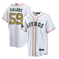 Men's Houston Astros #59 Framber Valdez White/Gold Cool Base Stitched Baseball Jersey
