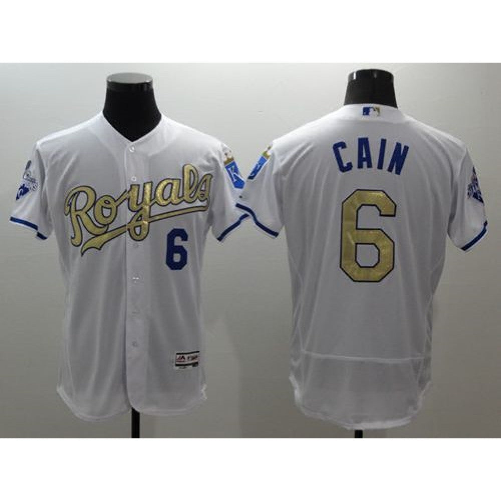 Royals #6 Lorenzo Cain White 2015 World Series Champions Gold Program FlexBase Authentic Stitched MLB Jersey