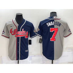 Men's Atlanta Braves #7 Dansby Swanson Gray Navy Two Tone Split Cool Base Stitched Baseball Jersey
