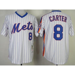 Mitchell and Ness Mets #8 Gary Carter Stitched White Blue Strip Throwback MLB Jersey