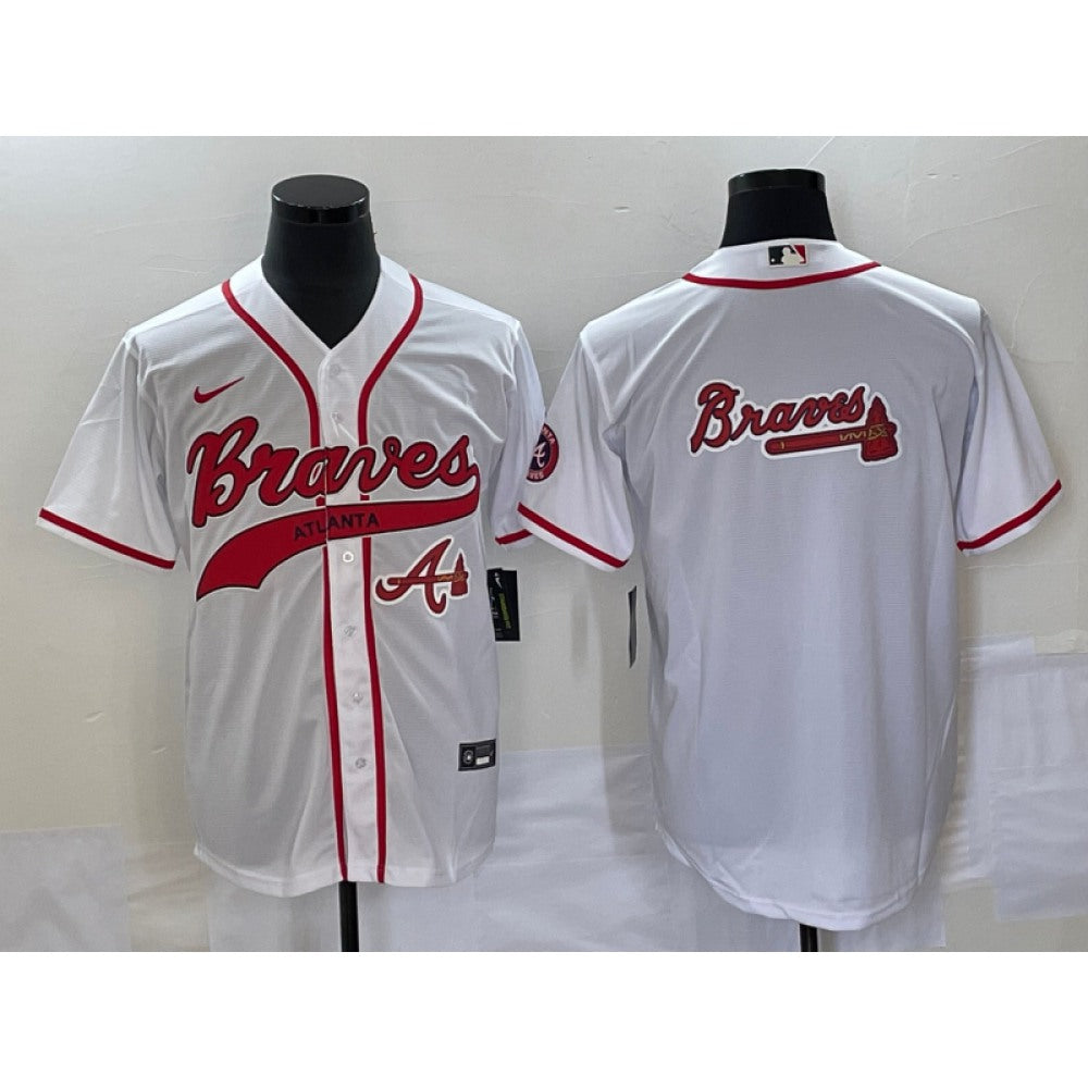 Men's Atlanta Braves White Team Big Logo Cool Base With Patch Stitched Baseball Jersey