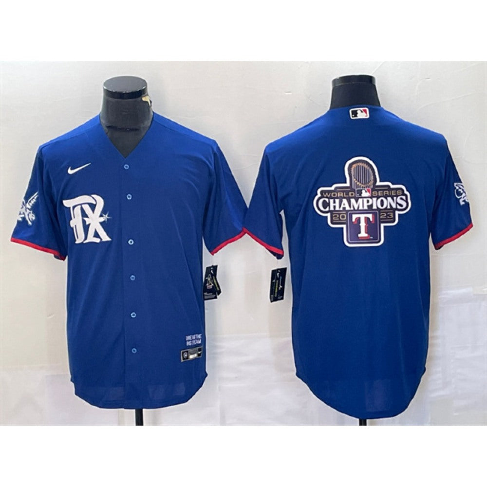 Men's Texas Rangers Royal 2023 World Series Champions Big Logo Cool Base Stitched Baseball Jersey