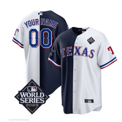 Men's Texas Rangers & Cowboys ACTIVE Player Custom Navy/White Splite 2023 World Series Splite Stitched Baseball Jersey