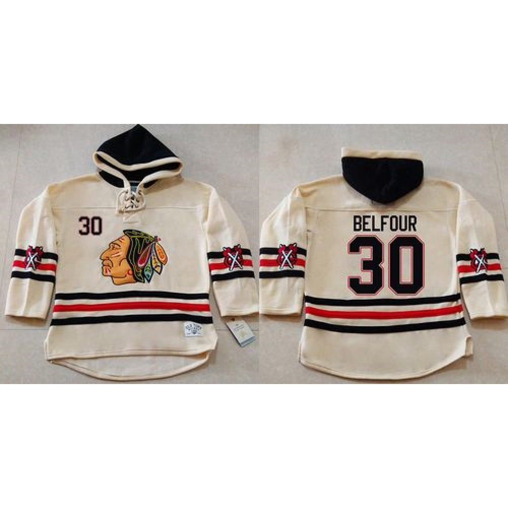 Blackhawks #30 ED Belfour Cream Heavyweight Pullover Hoodie Stitched NHL Jersey