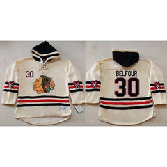 Blackhawks #30 ED Belfour Cream Heavyweight Pullover Hoodie Stitched NHL Jersey