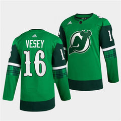 Men's New Jersey Devils #16 Jimmy Vesey Green Warm-Up St Patricks Day Stitched Jersey