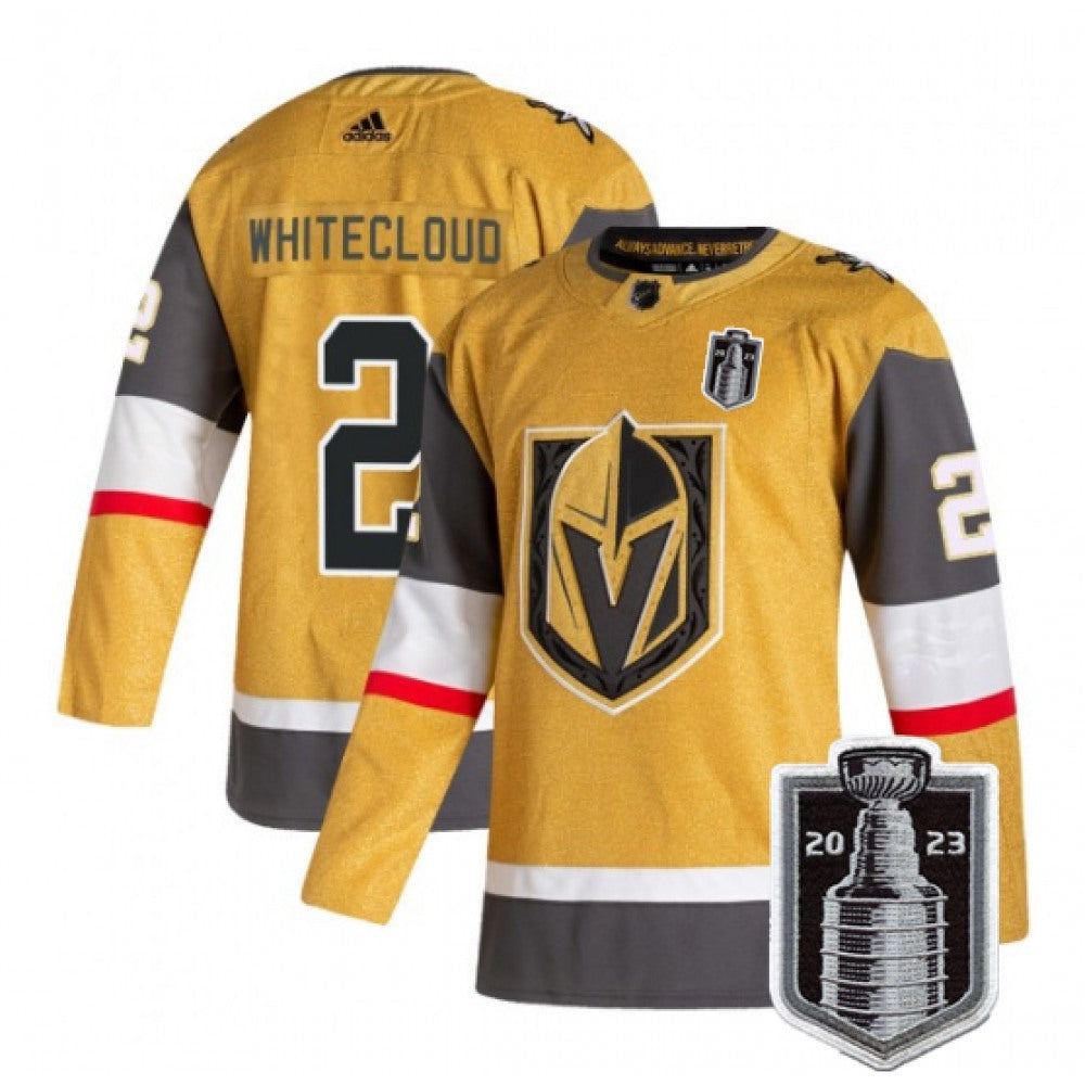 Men's Vegas Golden Knights #2 Zach Whitecloud Gold 2023 Stanley Cup Final Stitched Jersey
