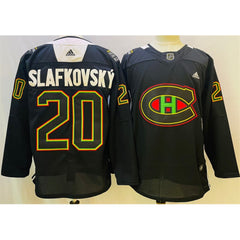 Men's Montreal Canadiens #20 Juraj Slafkovsky 2022 Black Warm Up History Night Stitched Jersey
