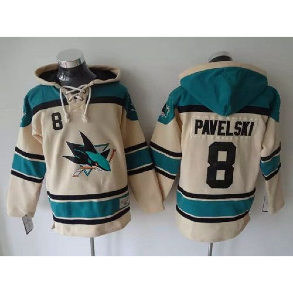 Sharks #8 Joe Pavelski Cream Sawyer Hooded Sweatshirt Stitched NHL Jersey
