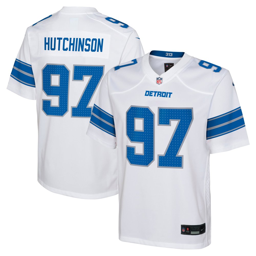 Youth Detroit Lions Aidan Hutchinson White Player Game Jersey