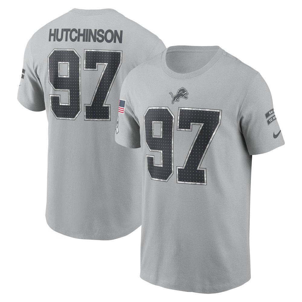 Men's Detroit Lions Aidan Hutchinson Gray 2024 Salute To Service Name & Number T-Shirt