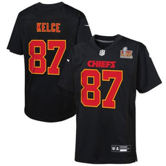 Youth Kansas City Chiefs Travis Kelce Carbon Black Super Bowl LIX Patch Fashion Game Jersey