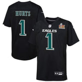 Youth Philadelphia Eagles Jalen Hurts Carbon Black Super Bowl LIX Patch Fashion Game Player Jersey