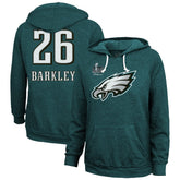 Women's Philadelphia Eagles Saquon Barkley Threads Midnight Green Super Bowl LIX Champions Name & Number Tri-Blend Pullover Hoodie