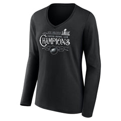 Women's Philadelphia Eagles Black Super Bowl LIX Champions Custom Name & Number Long Sleeve V-Neck T-Shirt