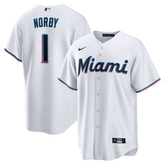 Men's Miami Marlins #1 Connor Norby White Home Replica Jersey