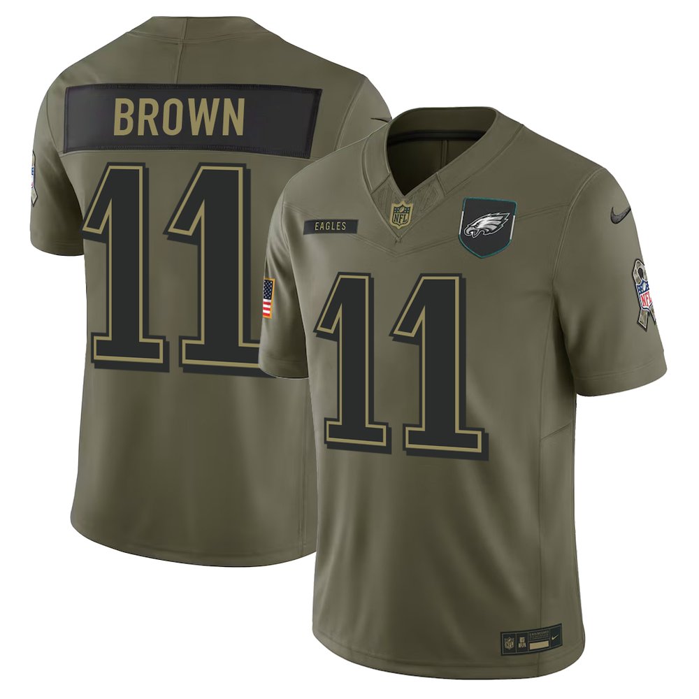 Men's Philadelphia Eagles #11 A.J. Brown Olive 2025 Salute to Service Retired Limited Jersey