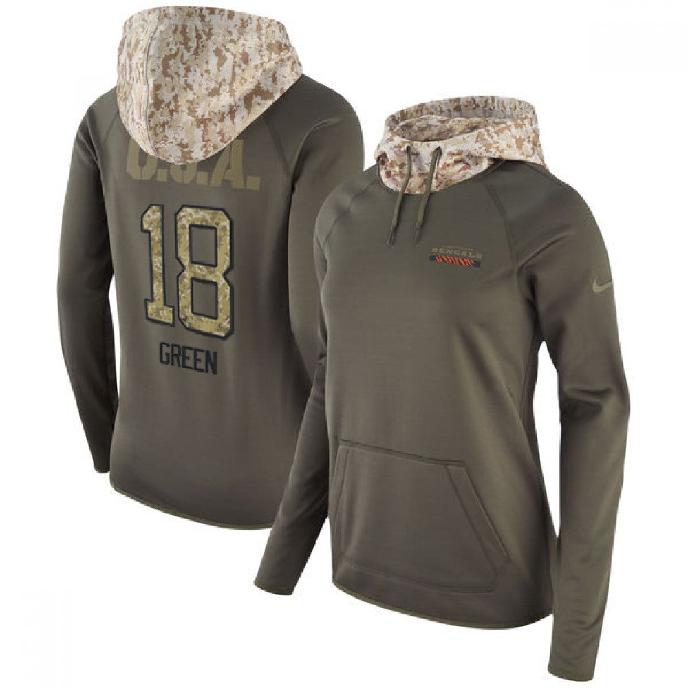 Women's Cincinnati Bengals #18 A.J. Green Olive Salute to Service Sideline Therma Pullover Hoodie 