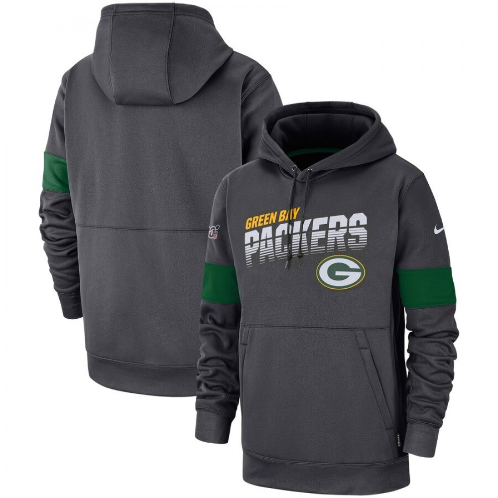 Men's Green Bay Packers 2019 Anthracite 100th Season Sideline Team Logo Performance Pullover Hoodie 